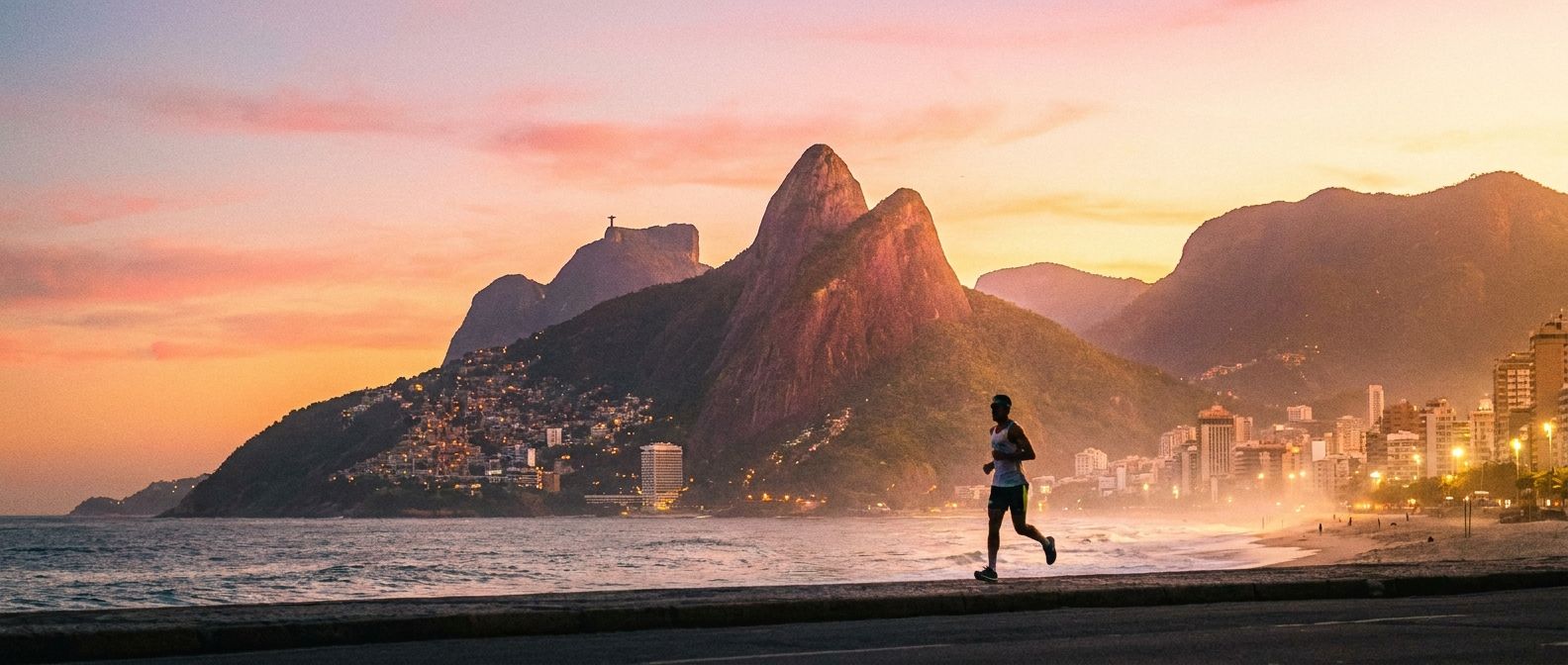 A vibrant, wide-angle photograph of a beautiful sunrise over Rio de Janeiro, with the iconic Sugarloaf Mountain visible in the background. In the foreground, a person is seen jogging along a scenic path, beginning their daily routine as the city awakens.