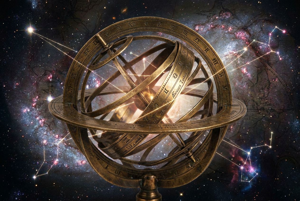 A dramatic close-up photograph of an antique brass armillary sphere, its intricate rings and celestial bands glowing with a subtle, internal light. Delicate, luminous threads of starlight connect various points on its surface to distant, vibrant constellations in the deep cosmic expanse, embodying intricate astrological patterns and synthesis. The scene is composed for a 3:2 landscape, with a sense of ancient wisdom and cosmic energy.