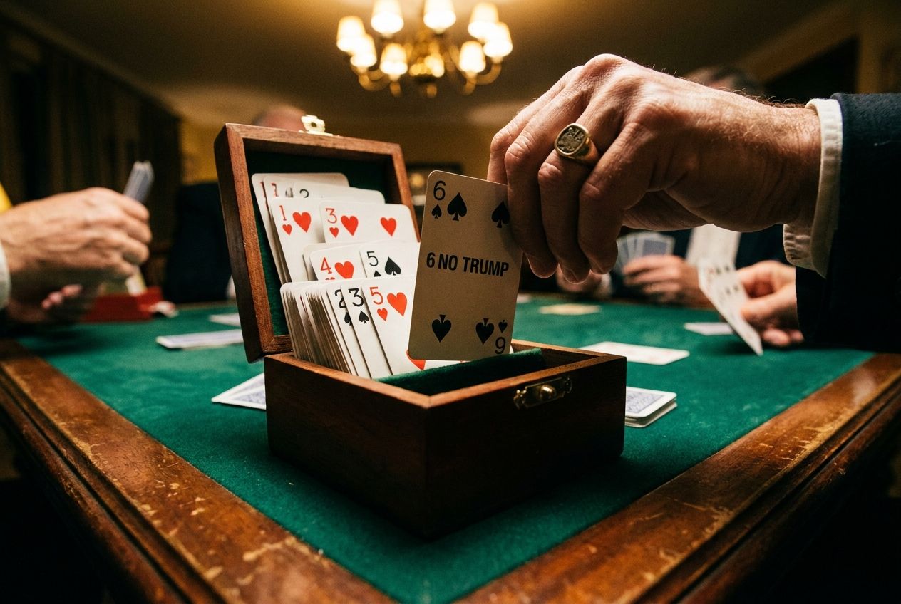 A dramatic, low-angle close-up photograph of a hand placing a '6 No Trump' bid card into a bridge bidding box on a luxurious green felt table. The bidding box is filled with previous bids, leading up to this high contract, capturing the intense focus and strategic culmination of a bridge auction. Elegant, warm lighting emphasizes the cards and the decisive gesture in a 3:2 landscape frame.