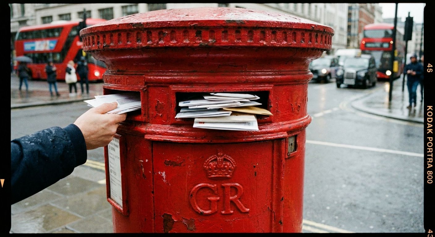 A striking close-up, low-angle photograph of a classic, ornate red British post box (pillar box) in an urban setting, with letters visibly inside or being posted. The focus is on the textured metal and the slot, with blurred city life in the background, suggesting a constant process of communication and service.
