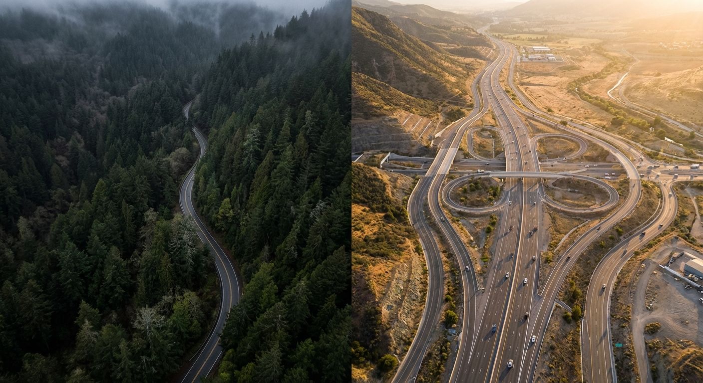 A dramatic aerial photograph showcases a stark contrast: on one side, a single, winding, narrow road cuts through a dense, shadowed forest, implying a constrained path. On the other side, a vibrant, multi-lane highway branches into several distinct, flowing routes, bathed in bright sunlight, symbolizing multiple pathways and reduced resistance.