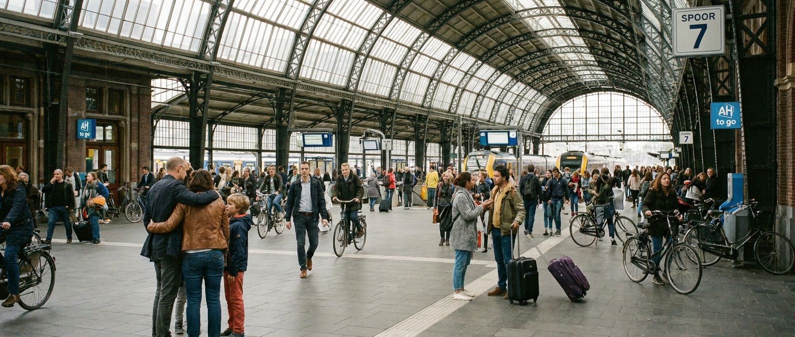 A wide-angle, candid photograph of a bustling train station in a Dutch city, with diverse people walking, greeting each other, and observing their surroundings, capturing the dynamic energy of daily arrivals and departures under soft, natural light.