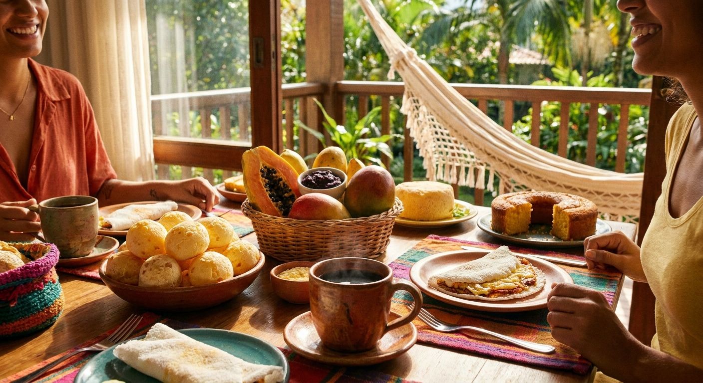 A vibrant, inviting breakfast spread on a table in a Brazilian home, featuring traditional items like pão de queijo, tropical fruits, and a steaming cup of coffee. Warm morning light streams in through a window, hinting at the start of a new day.