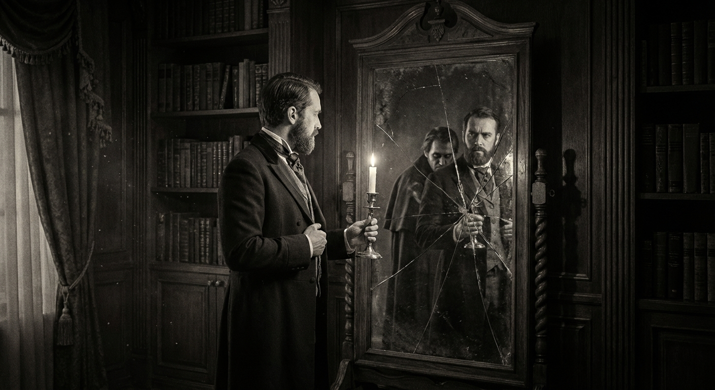 A dramatic, dimly lit photograph of a distinguished Victorian gentleman, impeccably dressed, staring into an ornate antique mirror. His reflection is subtly fragmented, revealing a darker, more unsettling silhouette within, symbolizing his profound internal duality and the emergence of his hidden self, set in a grand, shadowy study.