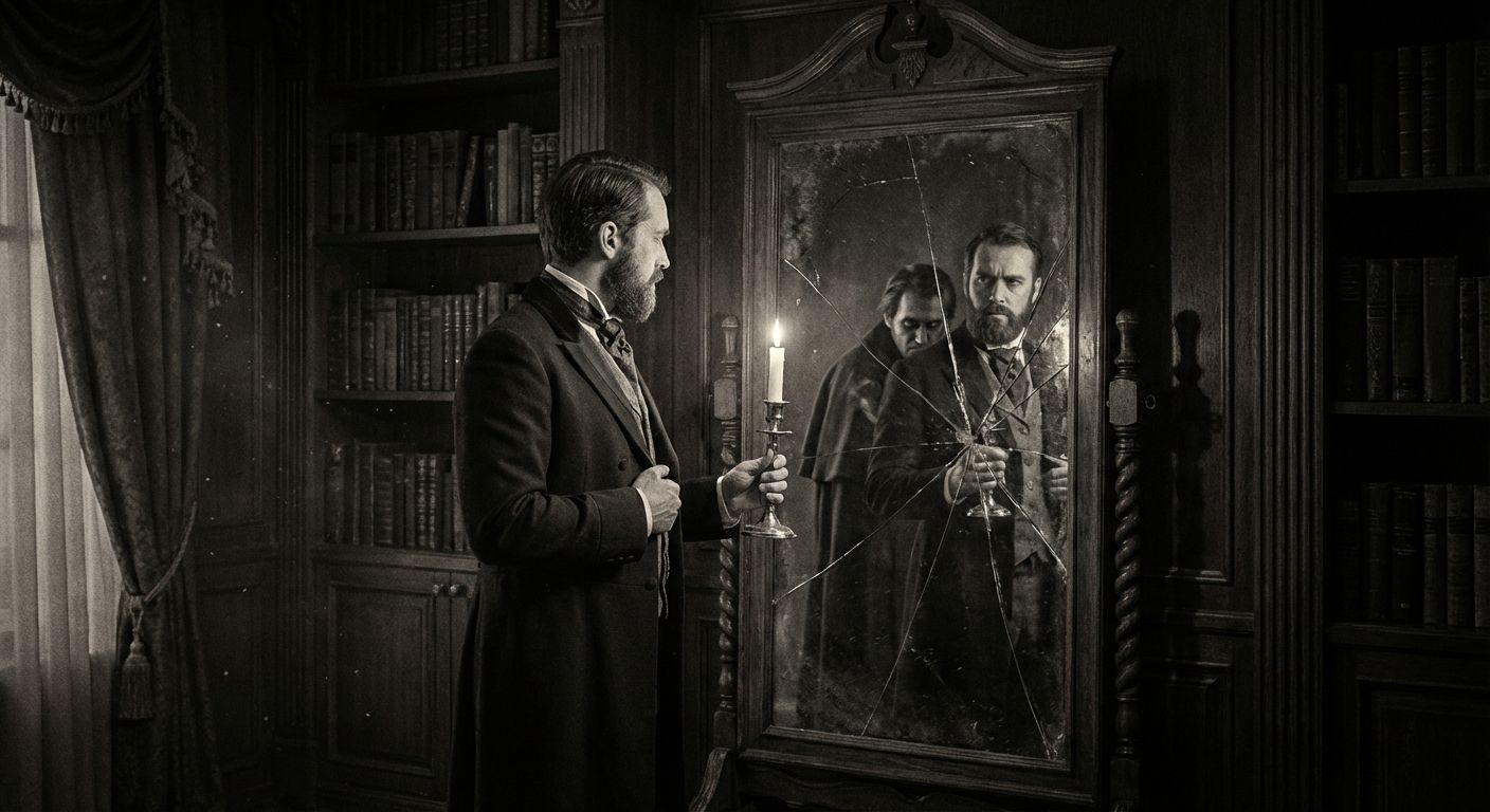 A dramatic, dimly lit photograph of a distinguished Victorian gentleman, impeccably dressed, staring into an ornate antique mirror. His reflection is subtly fragmented, revealing a darker, more unsettling silhouette within, symbolizing his profound internal duality and the emergence of his hidden self, set in a grand, shadowy study.