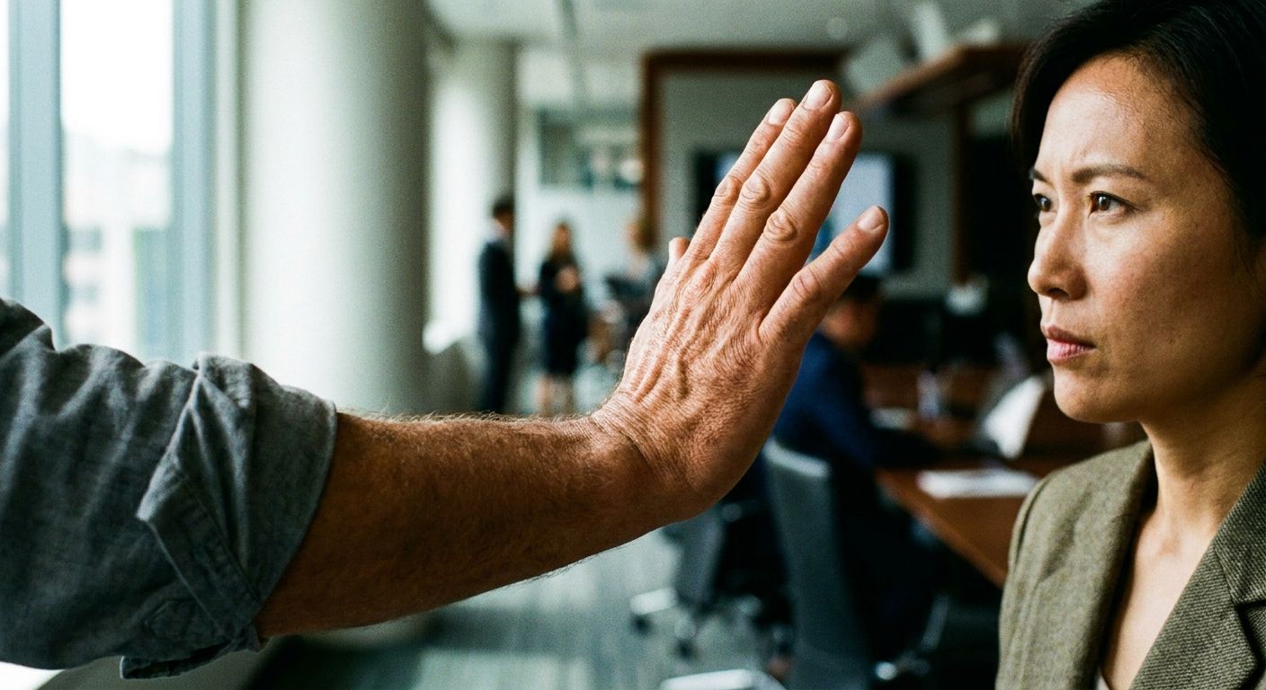 A dramatic, eye-level photograph of a person's hand making a clear, decisive gesture, such as firmly pointing or signaling to stop, towards another person who is listening intently. The focus is on the powerful, direct communication of an instruction or warning, with a slightly blurred background suggesting a professional or public setting. Natural light, vivid colors.