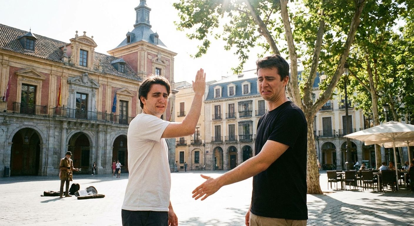 The photo is shot in a sunny European town square. The composition is centered on two young men appearing to reluctantly interact. One man wears a white t-shirt and raises his hand for a high five, while the other, in a black t-shirt, extends his hand for a handshake. Both have expressions of mild distaste. The background features historical buildings with arched walkways, balconies, and towers, rendered in warm tones of peach, tan, and beige. In the distance, a street performer stands with his instrument. Patrons are seated at tables with umbrellas. The light is bright, creating strong shadows and a sense of midday warmth.