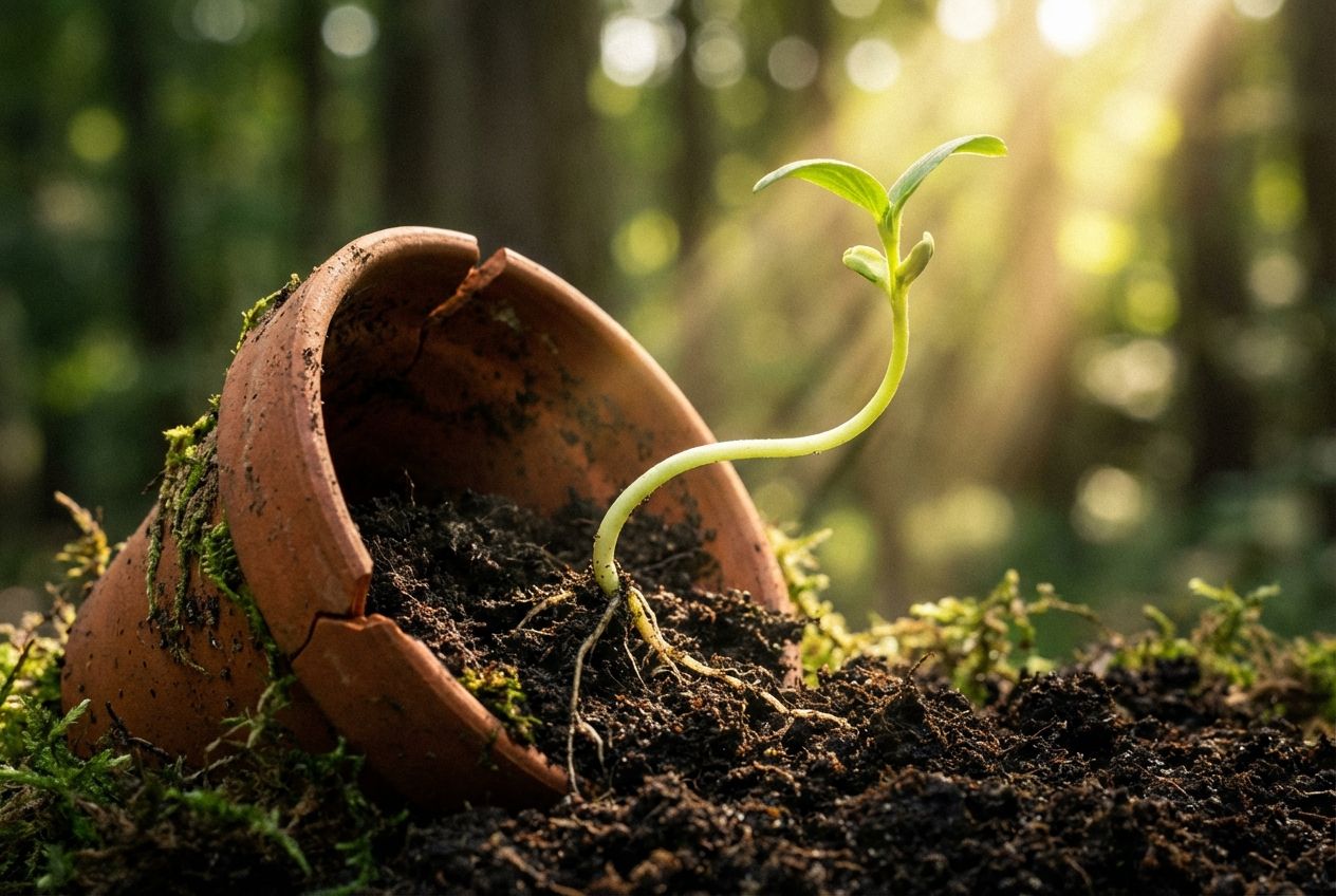 A dramatic, close-up photograph of a vibrant green seedling growing from an overturned terracotta pot, its delicate stem curving sharply upwards towards a bright, golden beam of sunlight, while its roots visibly anchor deep into the dark, rich soil below. Strong natural light, shallow depth of field, 3:2 landscape.