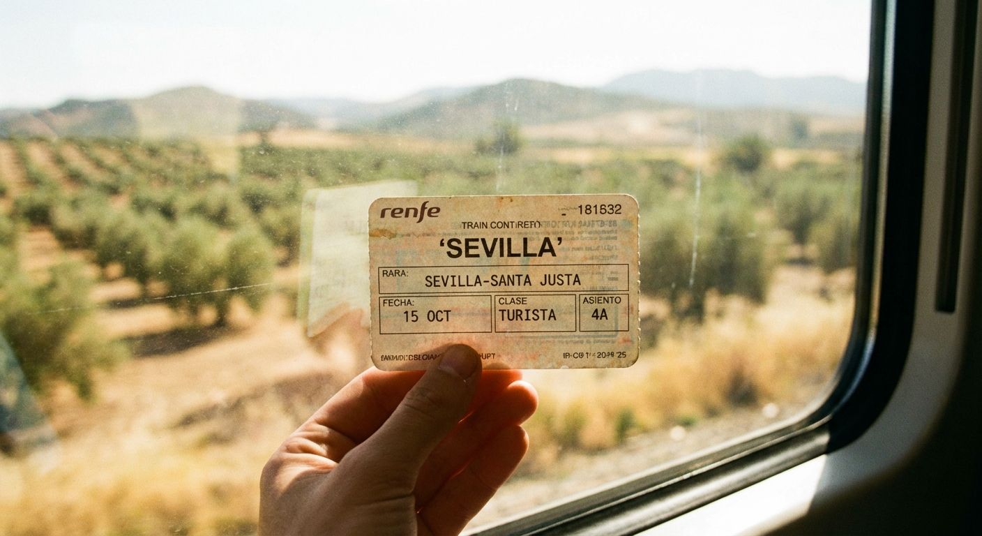 A close-up, artistic photograph of a train ticket for 'Sevilla' held gently in a hand, with a blurred, sun-drenched Spanish landscape visible through a train window in the background. The scene evokes a sense of journey and anticipation.