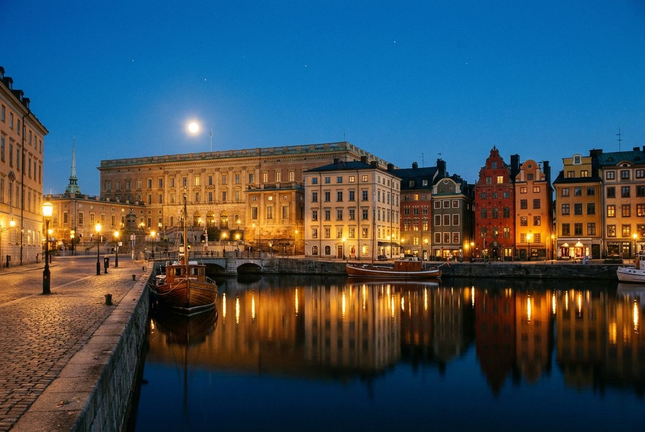 A dramatic photograph of the Stockholm Gamla Stan waterfront during the blue hour, with the historic buildings reflecting in the calm water and soft lights beginning to glow from windows. The scene captures the unique, vivid charm of the Swedish capital in a 3:2 landscape frame.
