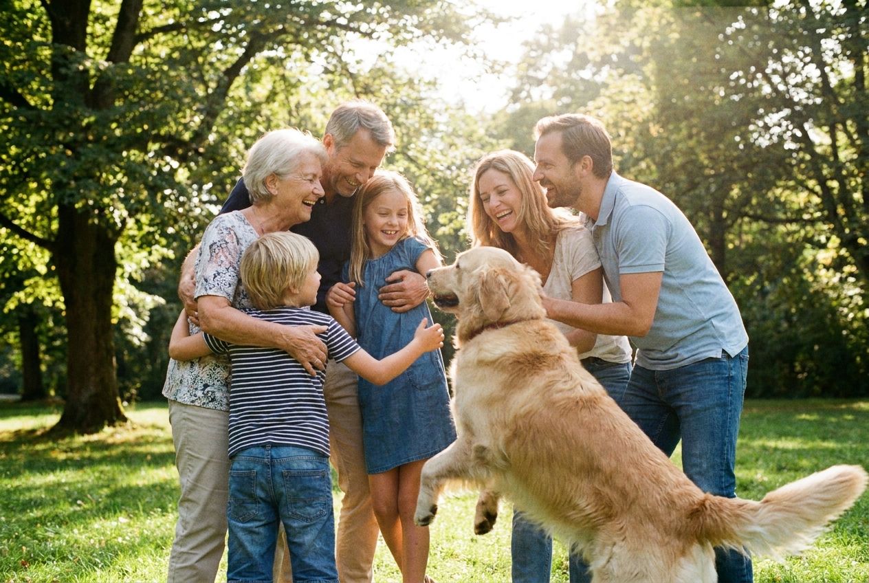 A warm, candid photograph of a multi-generational German family, including parents, children, and a grandparent, laughing and interacting joyfully in a sunny park, with a friendly golden retriever dog playfully near them. The scene captures a genuine, happy moment, composed for a 3:2 landscape frame with soft, natural lighting.
