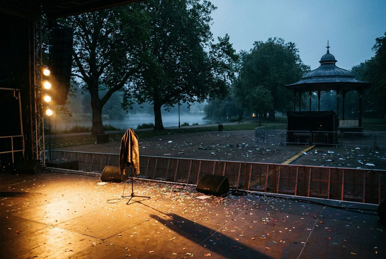 A wide, dramatic photograph of an empty outdoor concert stage in a classic British park at twilight. Warm stage lights cast long shadows over scattered confetti and a single forgotten item, vividly capturing the poignant silence after a vibrant event, composed for a 3:2 landscape frame.