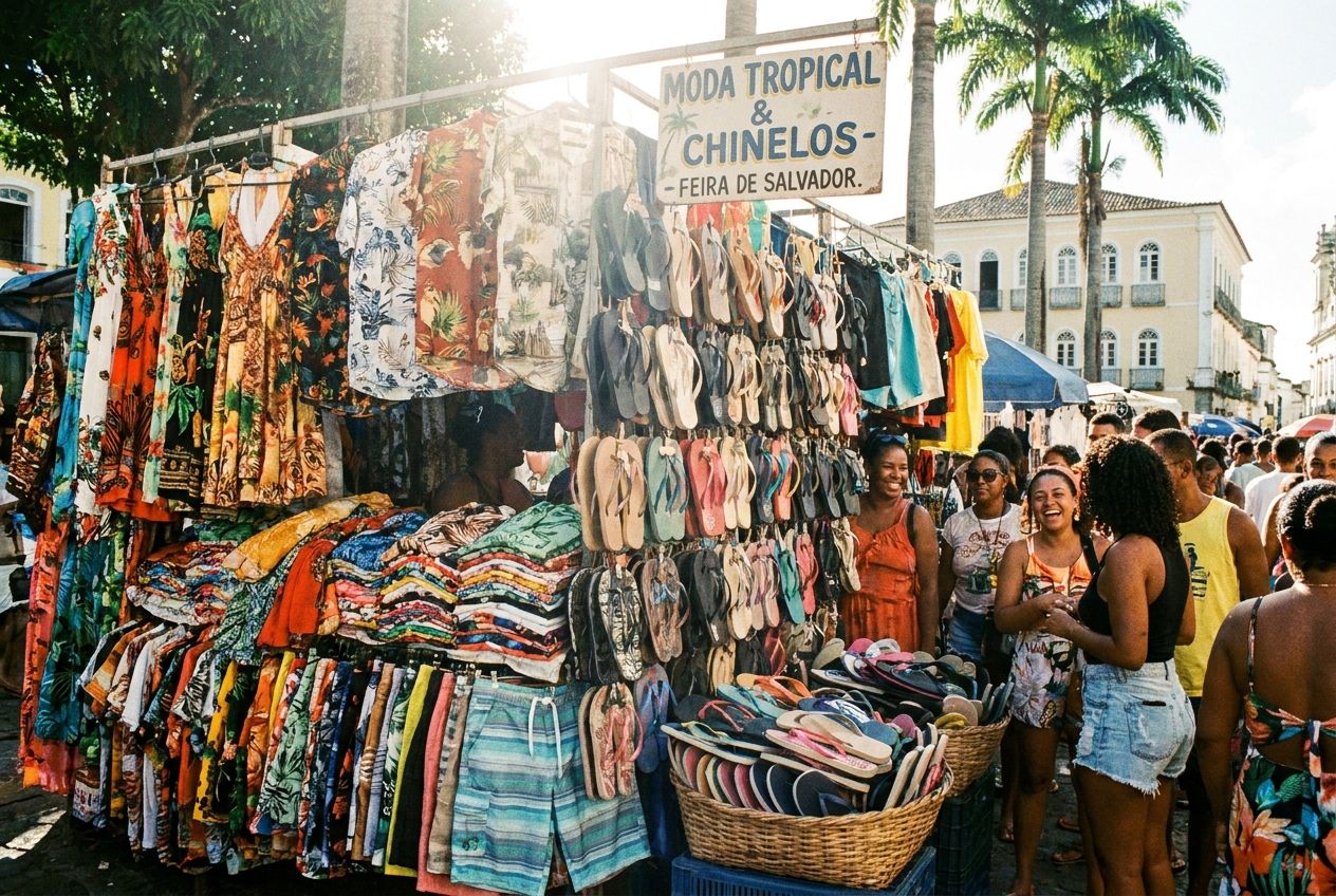 A vibrant outdoor market stall in Brazil, overflowing with colourful clothing items like dresses, shirts, and bermuda shorts, with flip-flops displayed prominently. Sunlight streams down, highlighting the rich textures and lively atmosphere as people browse the merchandise, composed for a 3:2 landscape frame.