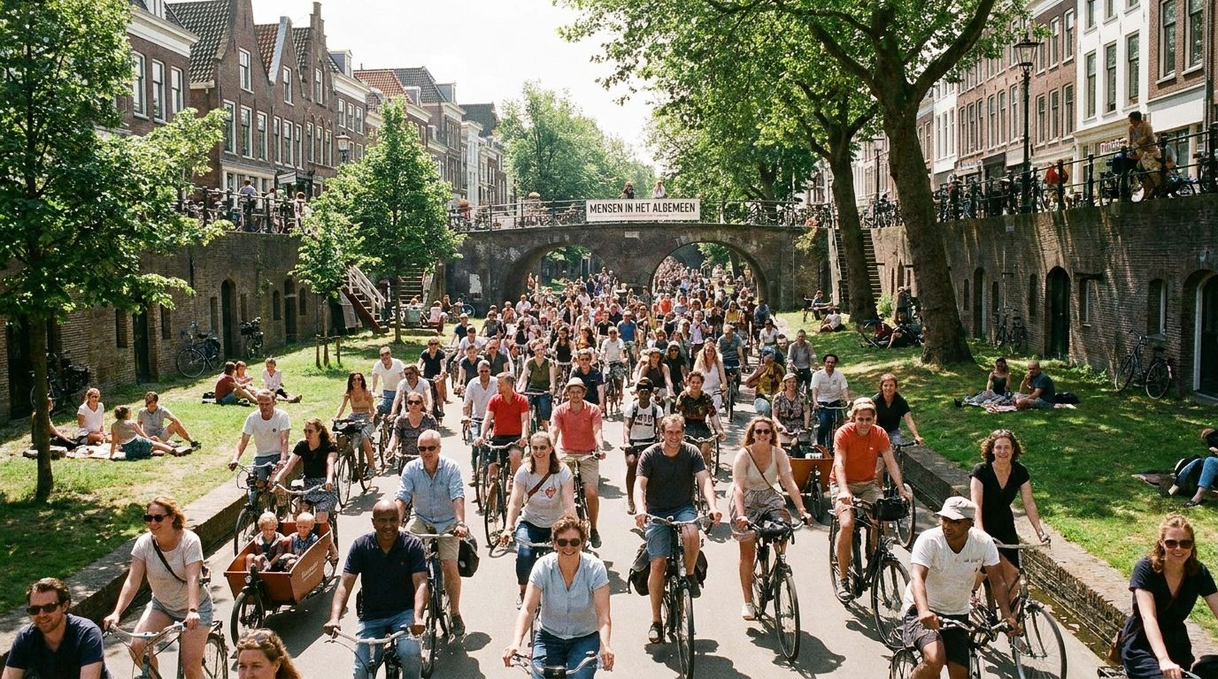 A vibrant photograph of a diverse group of people cycling casually along a scenic canal in a historic Dutch city on a sunny day. The wide-angle shot emphasizes the collective activity and everyday charm, capturing the spirit of 'people in general' in the Netherlands.