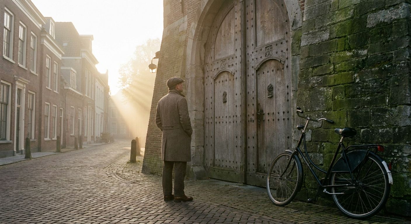 A solitary figure stands before a grand, closed historic wooden gate in a misty Dutch village at dawn, a classic bicycle leaning against the ancient stone wall beside them, evoking a sense of past choices and halted journeys. Photorealistic, dramatic lighting.