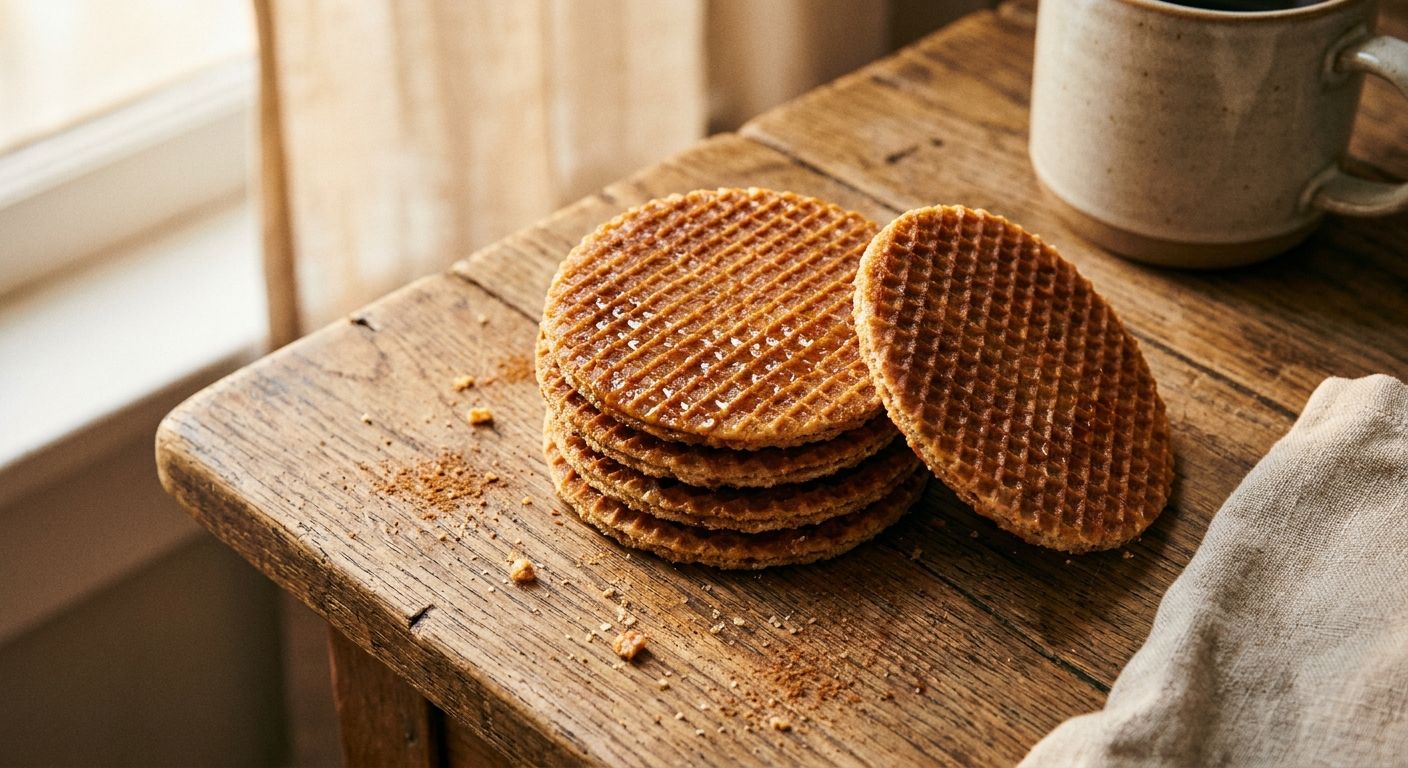 A close-up, top-down photograph of a small, artfully arranged stack of four golden-brown stroopwafels on a rustic wooden table, with one stroopwafel slightly separated from the stack, as if just taken or being counted. Warm, soft natural light illuminates the scene, evoking a cozy Dutch home.