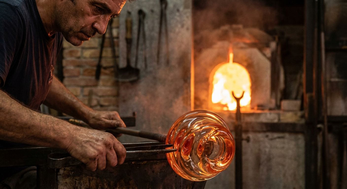 A dramatic, close-up photograph of a Murano glassblower's hands, illuminated by the fiery glow of a furnace, expertly shaping molten glass into a delicate, intricate form. The scene captures the intense focus and precision required for the craft, set against the warm, atmospheric backdrop of a traditional Venetian workshop.