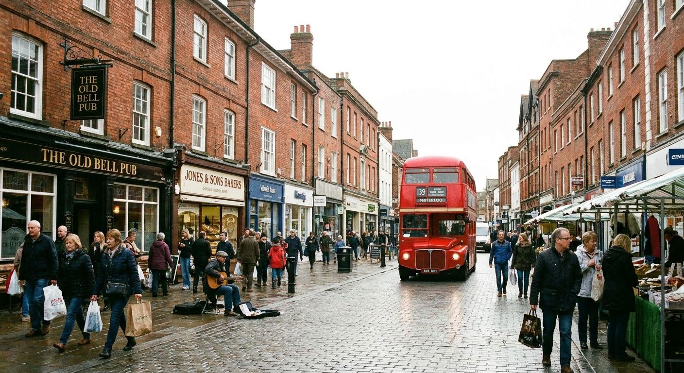 A bustling, vibrant high street in a historic British town centre, with traditional red brick buildings housing shops and pubs. Shoppers walk along the pavement, and a red double-decker bus passes by, all captured at eye level during a bright, slightly overcast day, conveying the lively atmosphere of urban life in the UK.