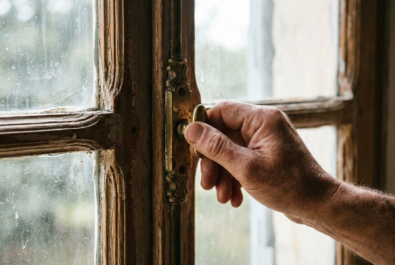A close-up, art-directed photograph captures a human hand gently closing a weathered, ornate wooden window from the inside. Soft, diffused daylight from beyond the glass illuminates the subtle textures of the wood and skin, capturing the quiet moment of an action being reversed, composed for a 3:2 landscape.