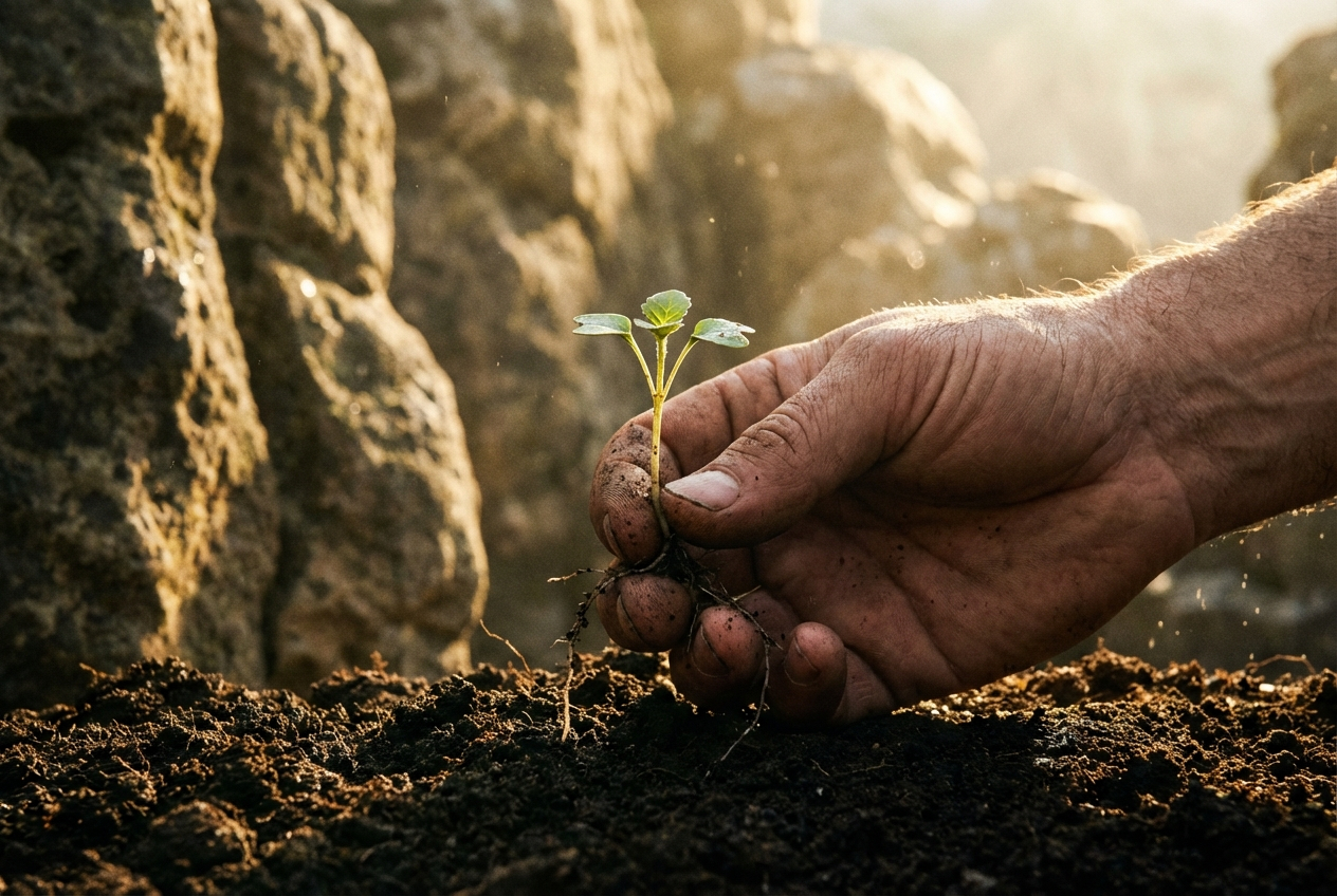 A dramatic, close-up photograph in a 3:2 landscape frame: an adult human hand gently cradles a single, delicate seedling with visible roots, emerging from dark, fertile soil. In the background, ancient, textured rock formations are softly illuminated by ethereal golden light, symbolizing the origins and preciousness of life.