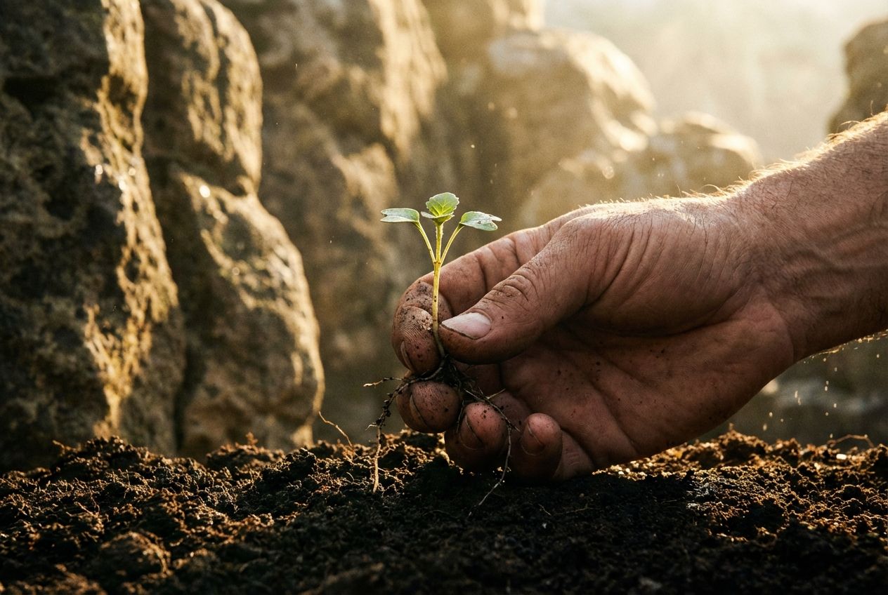 A dramatic, close-up photograph in a 3:2 landscape frame: an adult human hand gently cradles a single, delicate seedling with visible roots, emerging from dark, fertile soil. In the background, ancient, textured rock formations are softly illuminated by ethereal golden light, symbolizing the origins and preciousness of life.