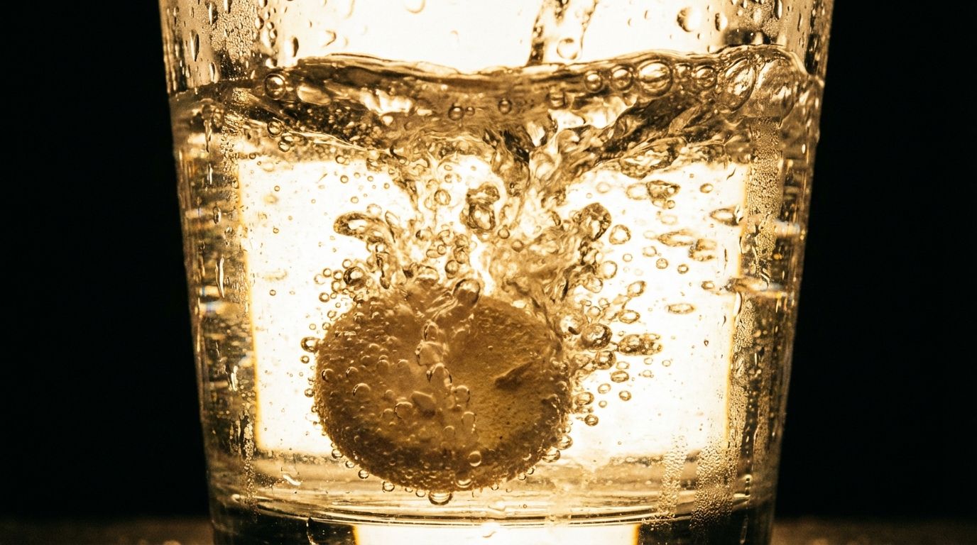 A dramatic, close-up photograph of an effervescent tablet rapidly dissolving in a clear glass of water, filling the wide frame with a vigorous explosion of countless tiny bubbles and swirling currents. Intense backlighting catches the dynamic motion and the energetic release of gas, illustrating the concept of a fast reaction rate.