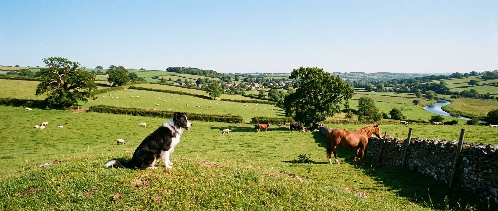 A vivid, wide-angle photograph capturing the serene beauty of the British countryside. Rolling green hills are dotted with grazing sheep and a few cows, while a horse stands near a traditional stone wall. A friendly dog sits calmly in the foreground, observing the peaceful scene under a bright, clear sky.