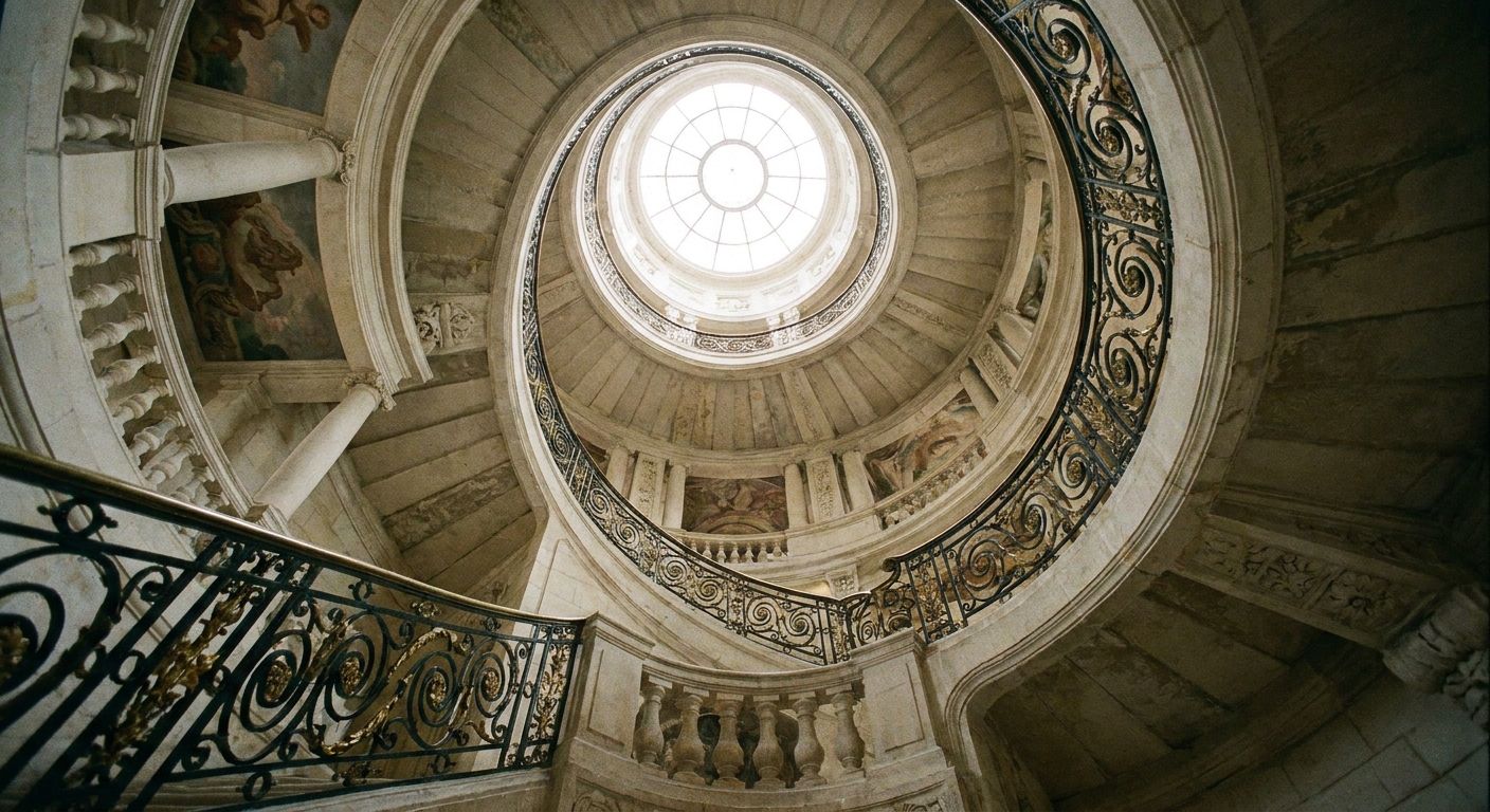 A dramatic low-angle photograph looking up a grand, elegant spiral staircase in a classic French chateau or museum. Ornate railings curve upwards, bathed in soft, diffused light from a high window, emphasizing the winding, indirect path and the architectural grandeur.