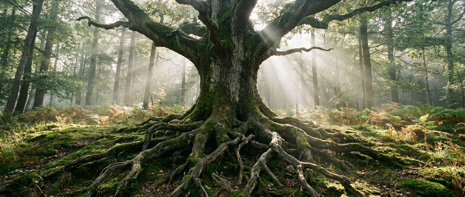 A majestic, ancient oak tree with gnarled, visible roots, standing strong and solitary in a sun-dappled, slightly misty Black Forest. The scene evokes a sense of deep history and fundamental presence, captured in a dramatic wide-angle photograph.