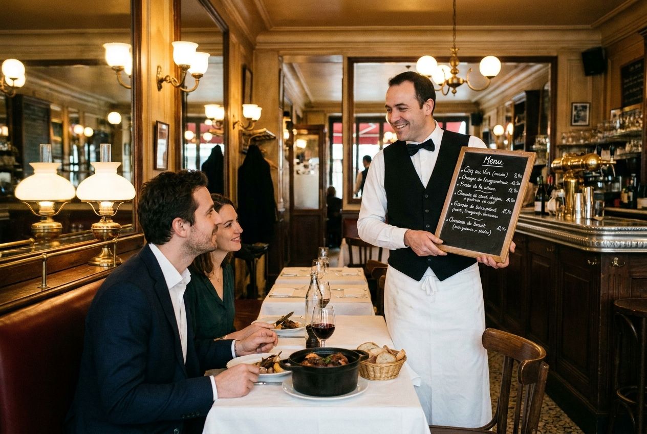 A warm, inviting atmosphere inside a classic French bistro. A waiter in a crisp uniform is engaging politely with a couple seated at an elegantly set table, perhaps presenting a menu or a recommendation. On the table, a beautifully plated French dish, a glass of wine, and soft ambient lighting create an intimate dining experience, captured in a 3:2 landscape photograph.