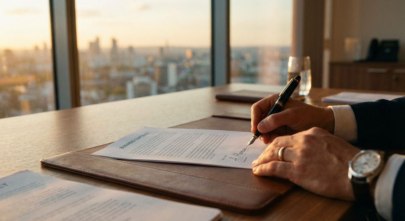 The image has a professional and sophisticated feel, utilizing a warm color palette dominated by browns, tans, and golds. The subject is a person, likely a businessman, signing a "Business Contract" with a fountain pen. The focus is on his hands, the document, and the pen. 

The composition is a close-up shot from an oblique angle, with the document and hands positioned in the foreground. A large window in the background reveals a blurred cityscape bathed in the golden light of sunset or sunrise. The setting is an upscale office, indicated by the desk, leather portfolio, and the view. The lighting is soft, natural, and warm, enhancing the overall feeling of success and accomplishment.