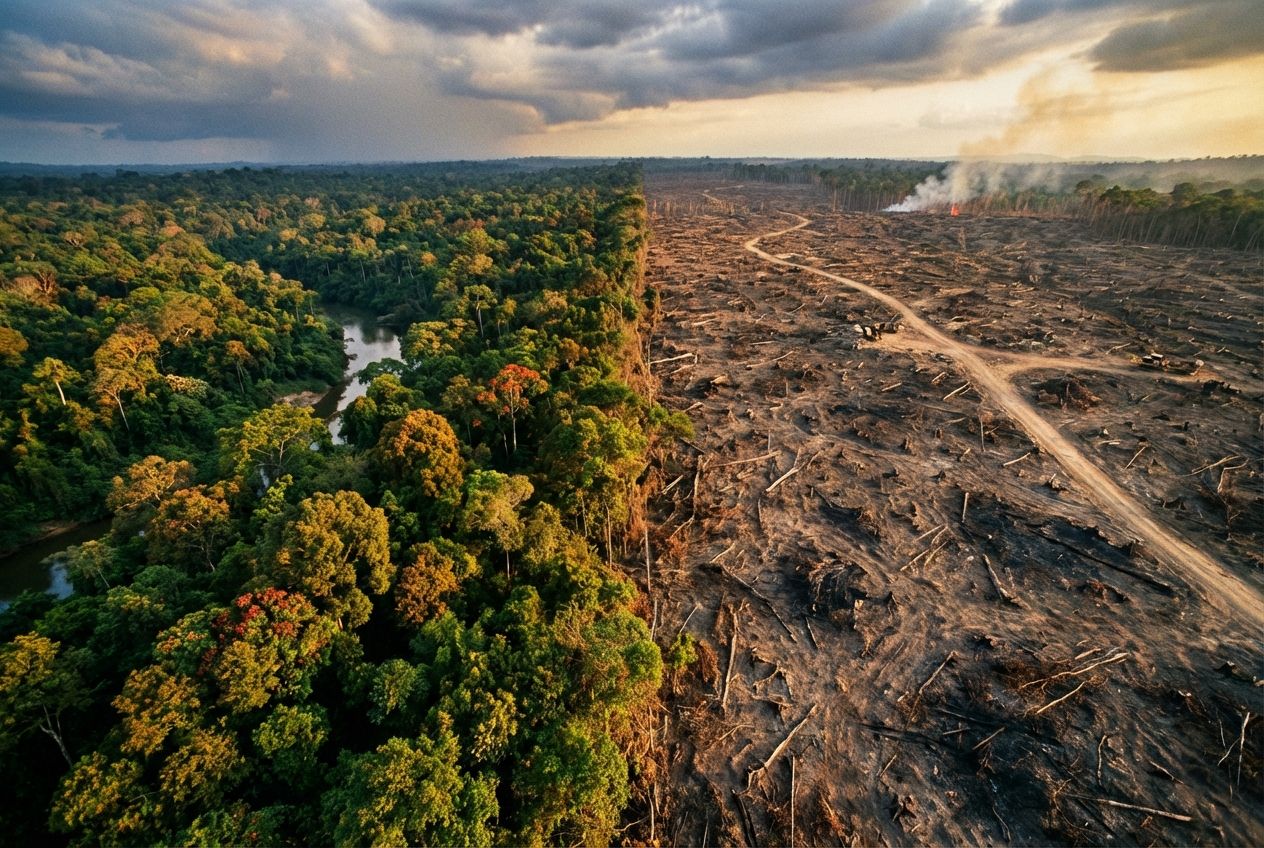 A dramatic wide-angle photograph from an elevated perspective captures the stark contrast between a vibrant, dense tropical rainforest canopy bursting with biodiversity on one side, and a barren, recently deforested landscape with scattered tree stumps and a faint plume of smoke on the other, hinting at human impact and land use. The scene is illuminated by dramatic natural light, composed for a 3:2 landscape frame.
