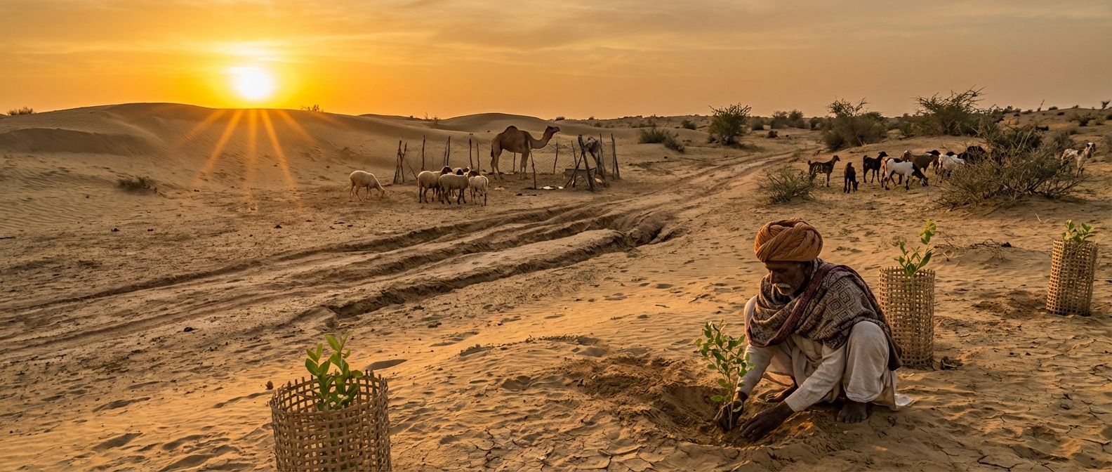 A wide, dramatic photograph of a vast, arid landscape in the Thar Desert, India, under a harsh, golden desert sun. In the foreground, a local farmer or shepherd tends to a small cluster of newly planted saplings or hardy grasses, their roots working to stabilize the sandy soil. In the mid-distance, faint tracks of soil erosion are visible, with a small herd of goats grazing sparsely, illustrating the ongoing challenges of desertification and human efforts to combat it.