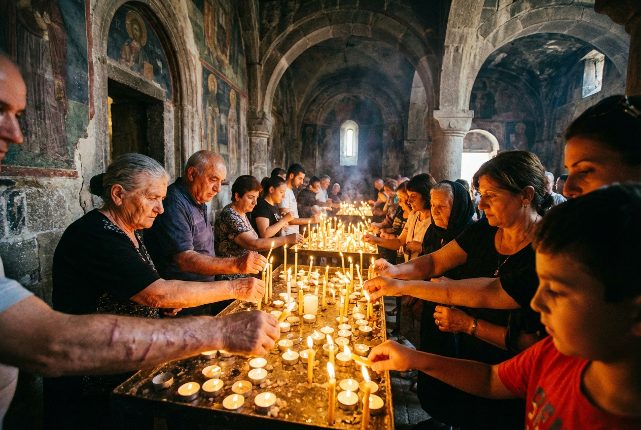 A dramatic, wide-angle photograph of diverse hands, some young, some old, holding and lighting small votive candles in a softly lit, ancient church or grotto. The warm glow of the many flames illuminates their faces and expressions of quiet reverence and communal devotion, composed for a 3:2 landscape frame.