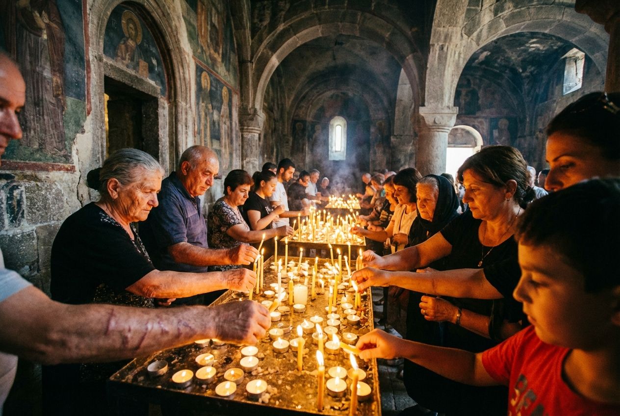 A dramatic, wide-angle photograph of diverse hands, some young, some old, holding and lighting small votive candles in a softly lit, ancient church or grotto. The warm glow of the many flames illuminates their faces and expressions of quiet reverence and communal devotion, composed for a 3:2 landscape frame.