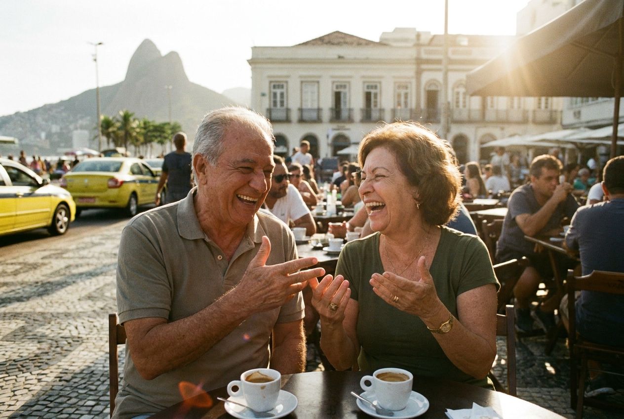 A vivid photograph of two Brazilians animatedly conversing and laughing over cups of coffee at a bustling outdoor café in Rio de Janeiro, bathed in warm morning light. The scene captures the energy of everyday communication and daily life, with a blurred background of iconic Brazilian architecture, composed for a 3:2 landscape frame.