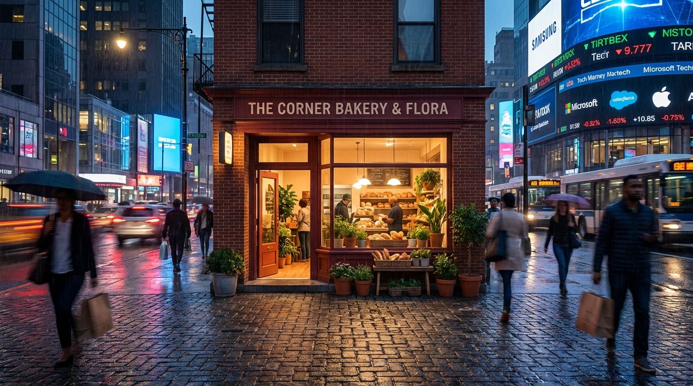 A warm, inviting glow emanates from a small, traditional independent shop (e.g., a bakery or florist) nestled on a bustling city street. The street itself is a vibrant, slightly blurred tableau of diverse pedestrians, modern city lights, and the dynamic flow of traffic, all hinting at the myriad external forces – from various stakeholders to technological advancements and economic shifts – that swirl around the business, creating both opportunities and challenges. The image is a wide-angle photograph, capturing the contrast between the grounded business and its ever-changing urban environment.