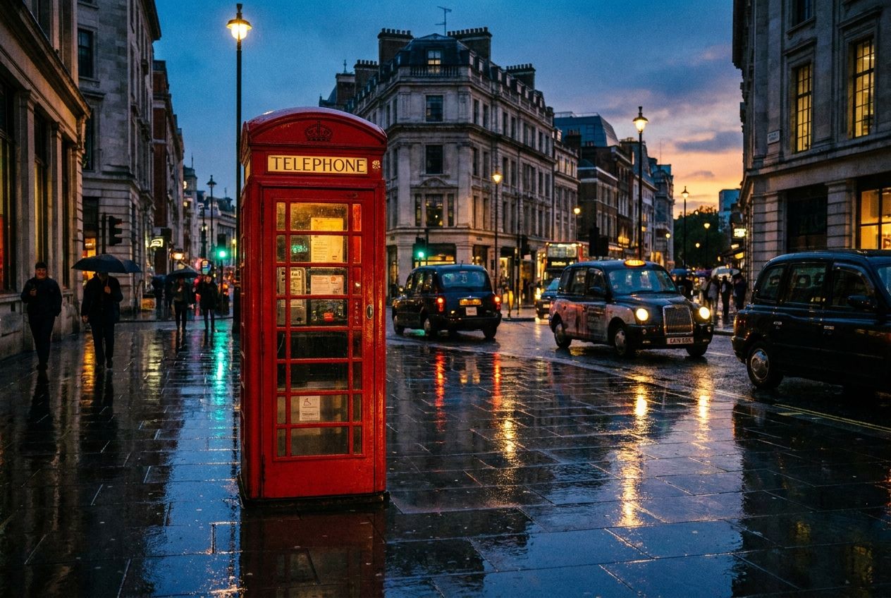 A vibrant red British telephone booth stands prominently on a slightly wet London street at dusk. The pavement reflects the soft glow of streetlights, creating a moody atmosphere. Shot as a vivid, dramatic photograph in a 3:2 landscape frame.