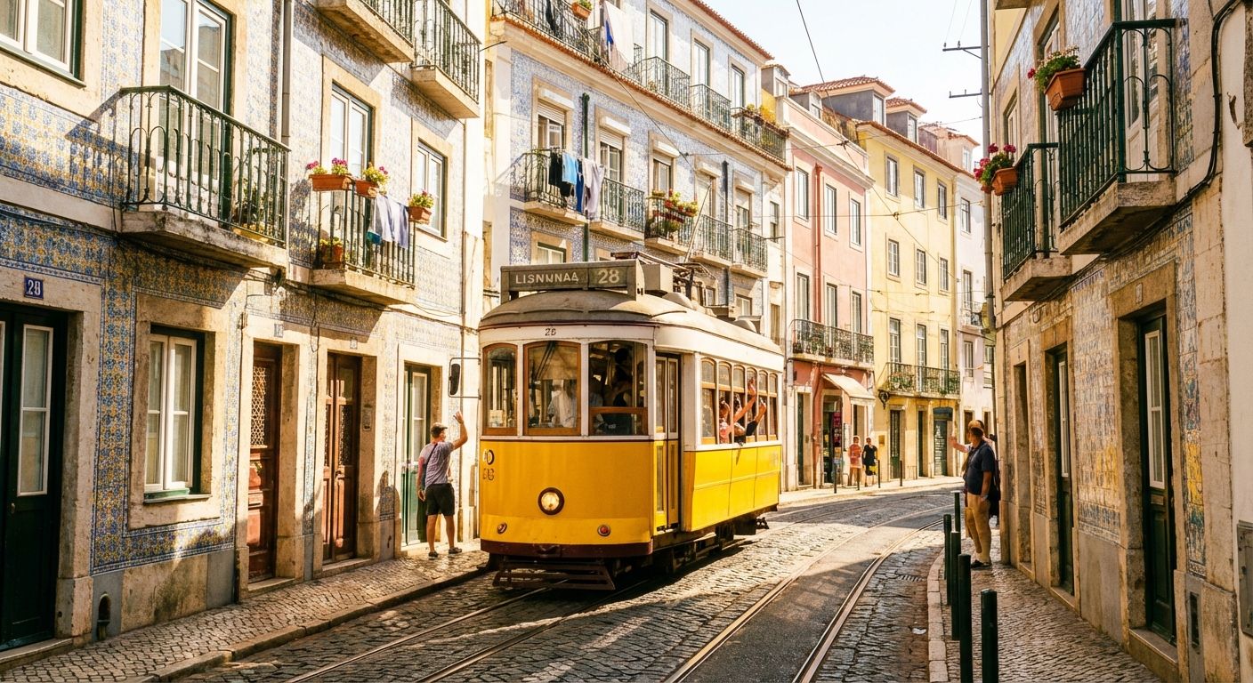 A vibrant photograph of a classic yellow vintage tram winding through a narrow, sun-drenched cobblestone street in Lisbon. The scene is filled with warm Mediterranean light, rustic building facades with colorful tiles, and a sense of discovery.
