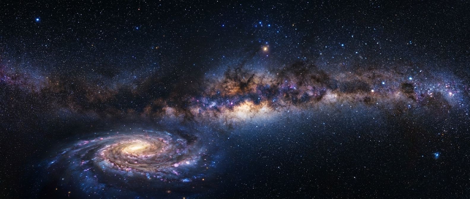 A breathtaking, wide-angle photograph capturing a luminous river of stardust and cosmic gas winding through a dark, star-filled galaxy. The celestial pathway glows with deep blues and purples, leading the eye from a swirling, ancient nebula towards a distant, bright cluster of stars, symbolizing a profound karmic journey.