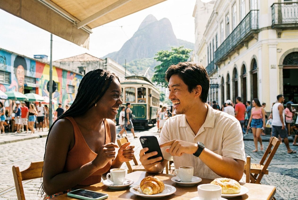 A vivid, sun-drenched photograph of two young, diverse friends in a lively outdoor cafe in Brazil. One person points to their watch or phone while the other leans in, both smiling and engaged in animated conversation, actively discussing their plans and coordinating schedules. The scene captures the energetic Brazilian urban atmosphere in a 3:2 landscape frame.