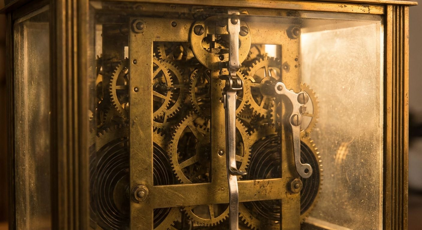 A complex array of interlocking brass gears and levers inside an antique clock mechanism, bathed in warm, diffused light, highlighting the intricate details and the interplay of motion.