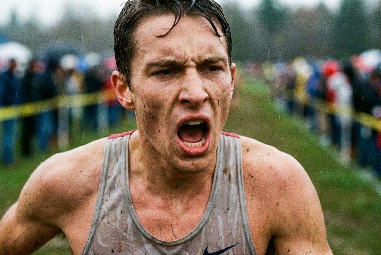 A powerful close-up photograph of a determined athlete, mid-race, pushing through intense physical exertion. Sweat glistens on their skin as they strain, implying the struggle for oxygen and the build-up of lactic acid. The background is blurred, focusing on their raw effort and the dynamic movement, composed for a 3:2 landscape.
