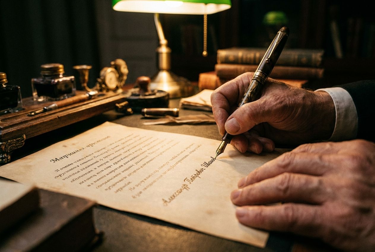 A dramatic, low-angle close-up photograph of a person's hands signing a document written in Cyrillic script with a vintage fountain pen, the pen tip just finishing the last stroke, bathed in the warm, focused light of a desk lamp, composed for a 3:2 landscape frame.