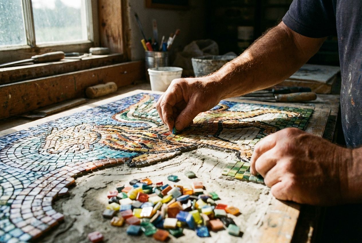 A close-up, dramatic shot of skilled hands meticulously placing vibrant, small mosaic tiles onto a larger pattern, with some sections already completed and others still needing tiles. The light highlights the textures and colors of the tiles, composed for a 3:2 landscape frame.
