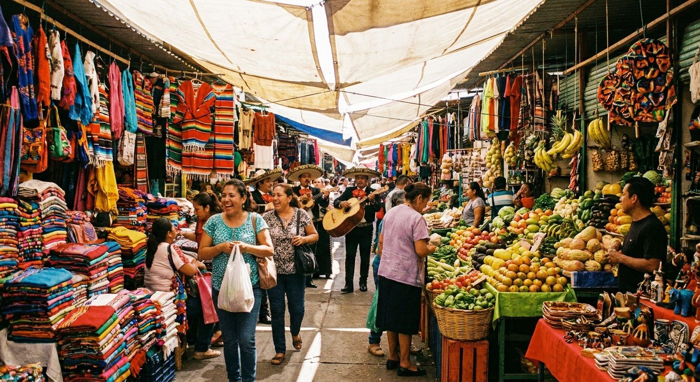 A vibrant, high-energy photograph of a traditional Mexican market, filled with colorful textiles, fresh produce, and local crafts, with people engaging in lively conversation and activity. The scene is bathed in warm, natural light, capturing the rich cultural atmosphere.