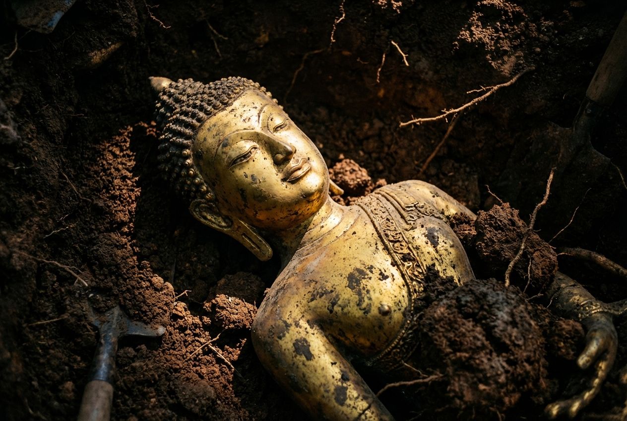 A dramatic, close-up photograph, composed for a 3:2 landscape frame, of a magnificent golden Buddha statue, partially unearthed from dark, rich soil. A focused beam of sunlight dramatically illuminates its serene face and intricate details, contrasting sharply with the rough, natural texture of the surrounding earth, symbolizing hidden potential and spiritual emergence.