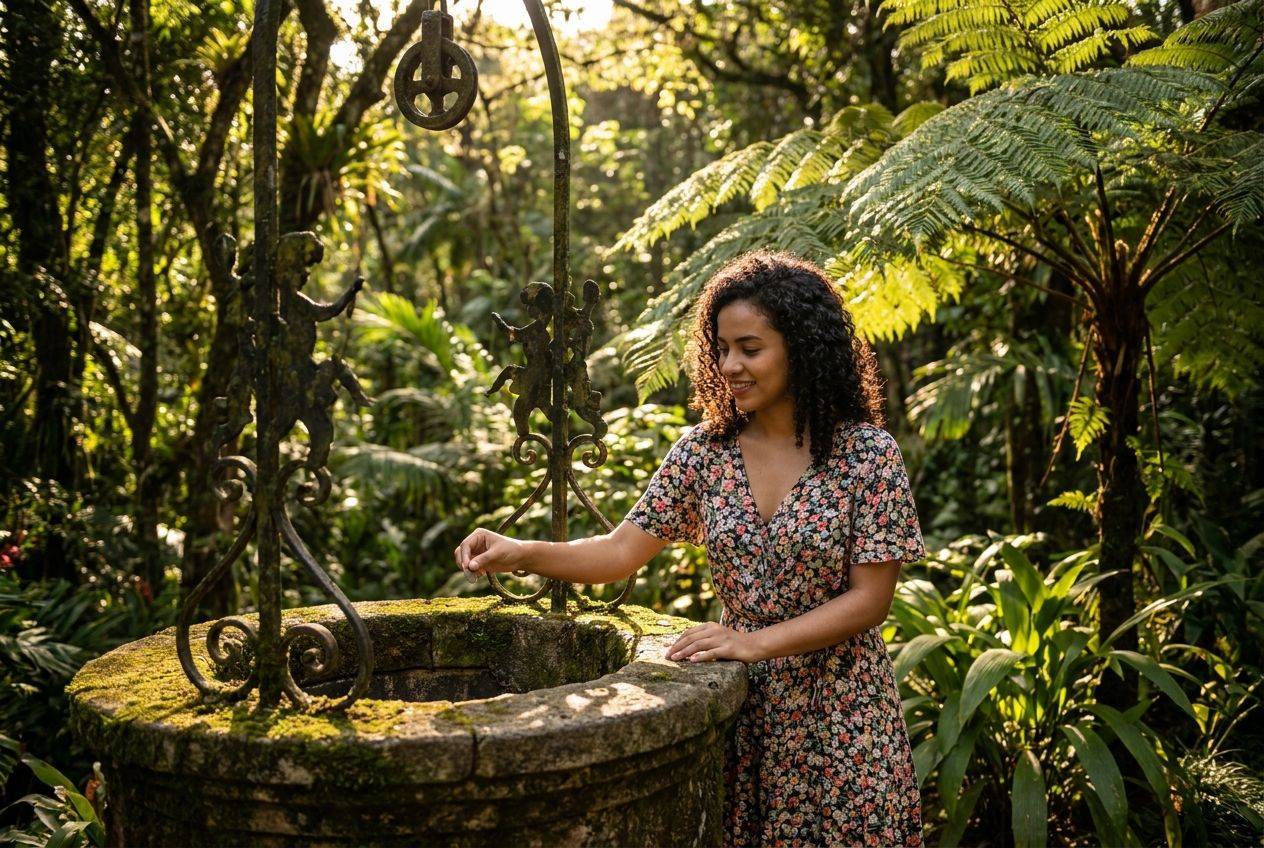 A young Brazilian woman, with a thoughtful and hopeful expression, drops a coin into an ornate wishing well nestled in a lush, sun-drenched tropical garden in Brazil. Golden light filters through vibrant foliage, creating a serene and optimistic atmosphere in a 3:2 landscape photograph.
