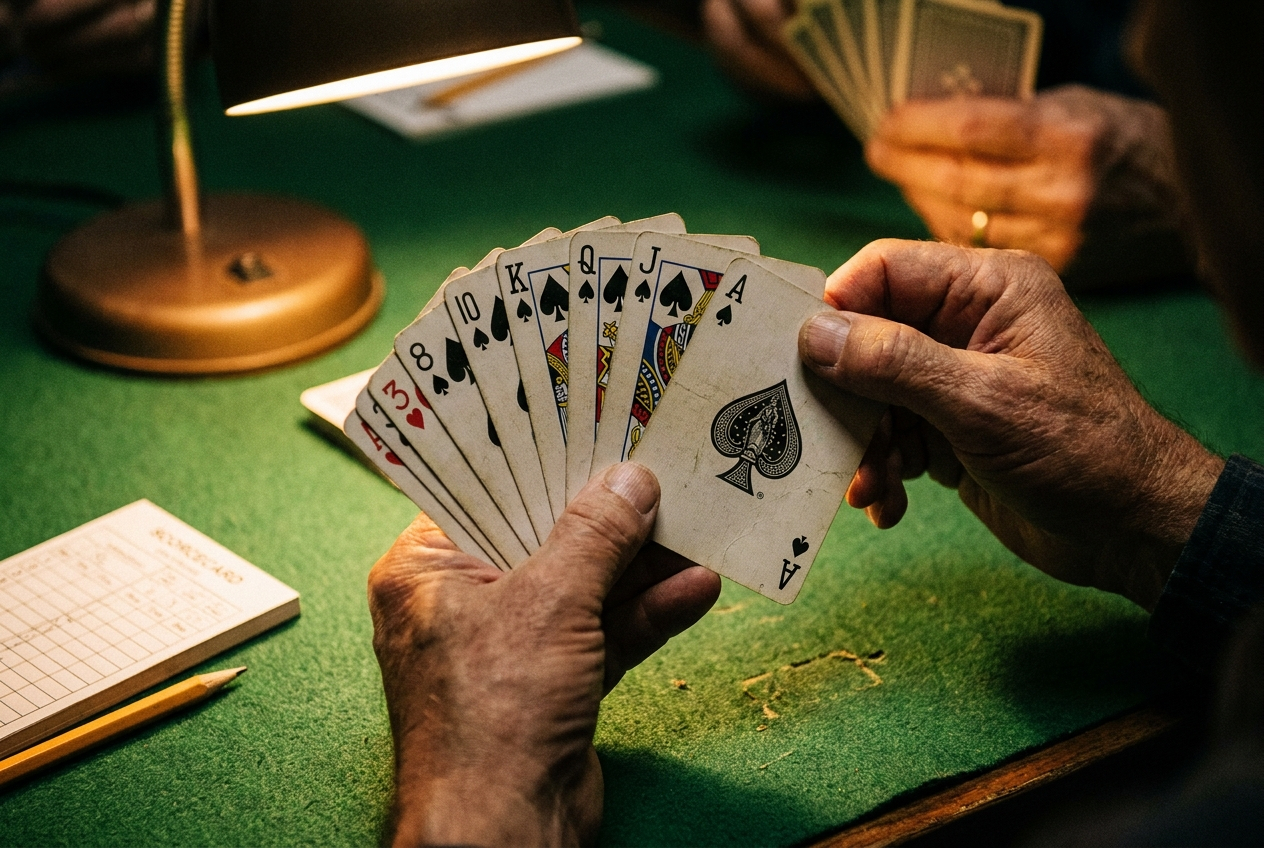 A dramatic close-up photograph of a fanned-out bridge hand, highlighting several high cards like an Ace, King, Queen, and Jack, elegantly arranged to convey a sense of strategy and value. The lighting is rich and focused on the cards, which are held over a classic felt bridge table, composed for a 3:2 landscape frame.