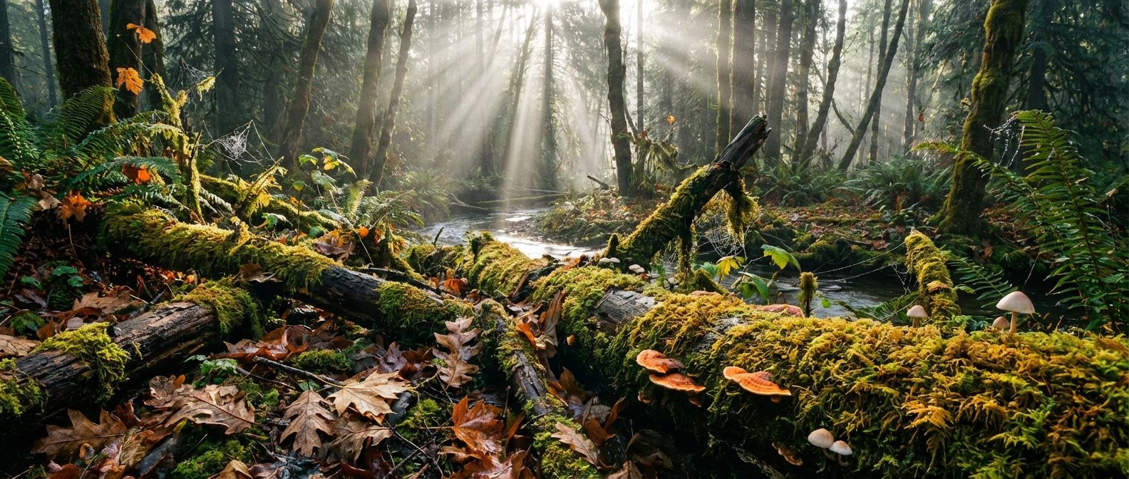 A dramatic, wide-angle photograph captures a vibrant, damp forest floor, with sunbeams filtering through a dense canopy. Intricate details of decaying leaves and logs covered in moss and delicate fungi fill the foreground, symbolizing the continuous cycle of life and decay. A subtle mist or dew on the foliage hints at the essential role of water in these natural processes.